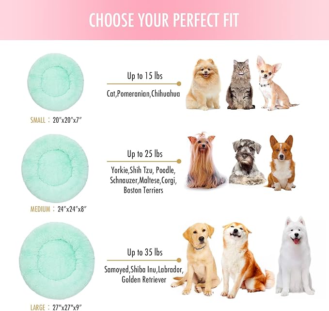 Raimaiso Anti Anxiety Round Fluffy Plush Faux Fur Warm Washable Dog Bed & Cat Bed, Original Bed for Small Medium Large Pets,Used to Relieve Joints and Improve Sleep（20"/24"/27''） (27", Light Green)