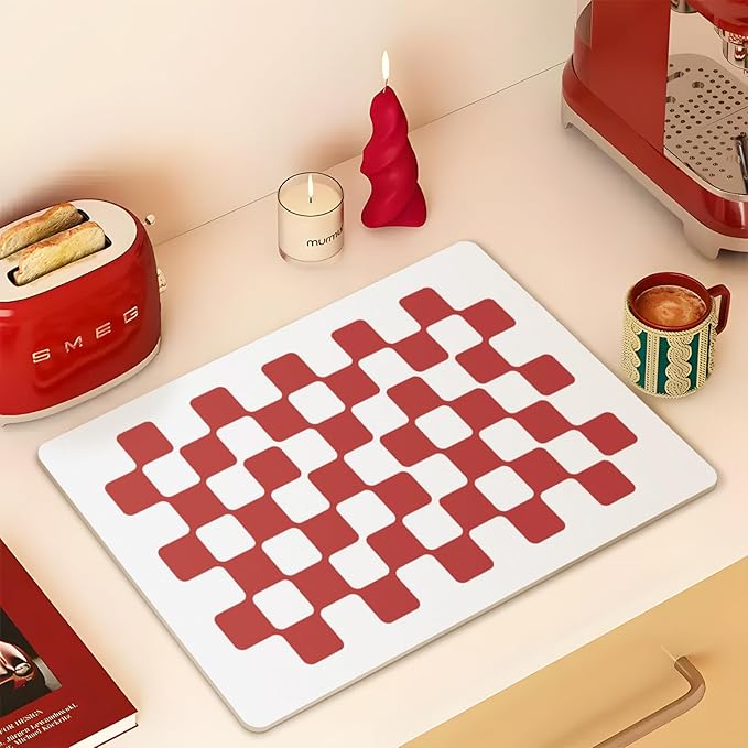 Red Dish Drying Mat Hide Stain Coffee Bar Mat Fast Dry Modern Checkered Kitchen Accessories Non Slip Mat, New Year Gift for Family Friends Home Decor,Red Checkered