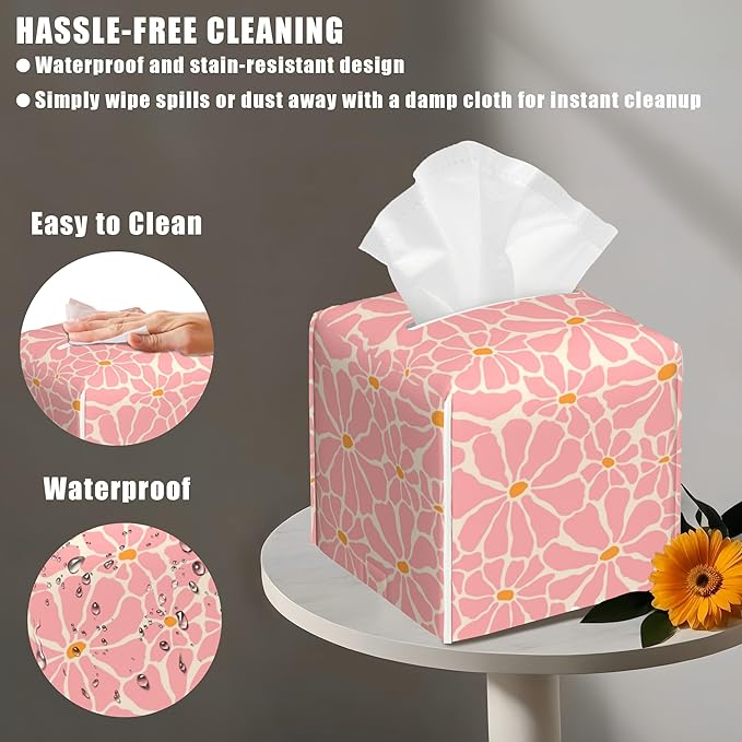 BLYKVGHQ Pink Retro Groovy Flower Tissue Box Cover Square, Tissue Box Holder with Bottom Belt Leather Facial Paper Organizer Dispenser for Bathroom Bedroom Dresser Night Stand Tabletop