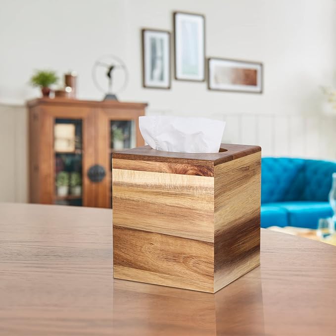 Reviaras Tissue Box Cover, Acacia Wood Square Tissue Box Holder with Slide-Out Bottom for Bathroom, Bedroom, Dinner Table, Office