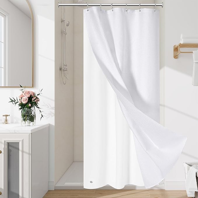 Craidlela 3 in 1 Stall Half Size Shower Curtain Set-36W x 72 H, White Waffle Waterproof Fabric and PEVA Liner Set with Stainless Steel Hooks