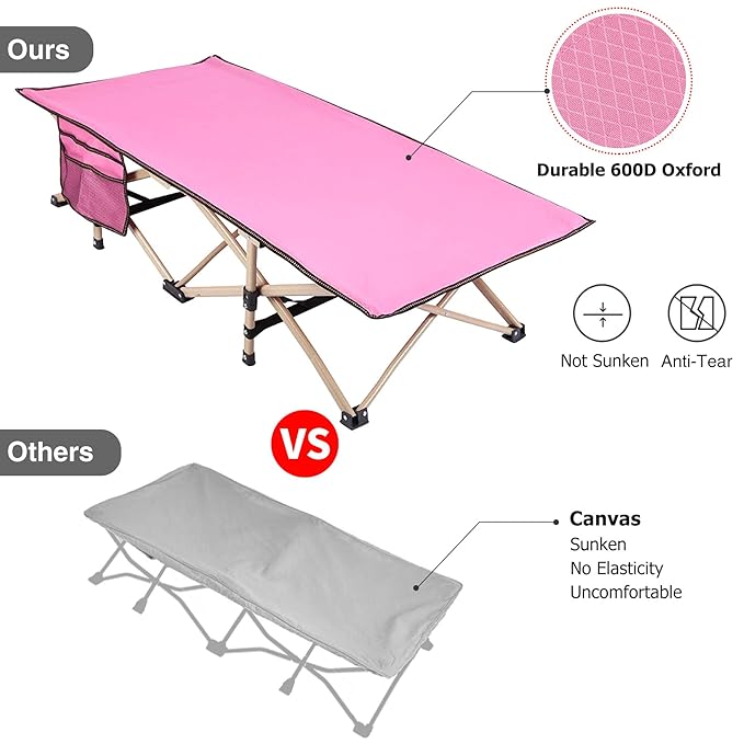 REDCAMP Extra Long Kids Cot for Sleeping 2-7 Years, Portable Travel Toddler Cot Bed with Carry Bag, Lightweight for Outdoor Indoor Home, Pink 53''x26''