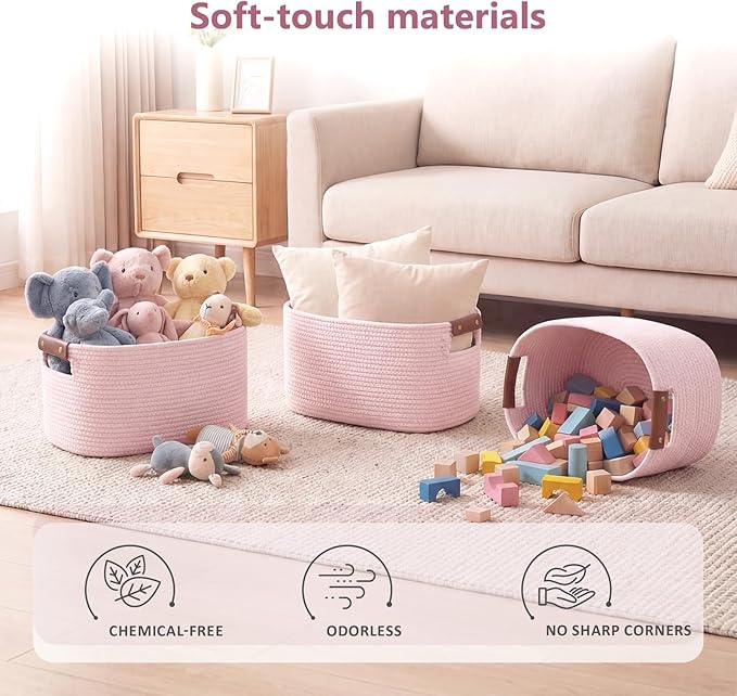 ECDYQXVU Cotton Rope Basket, Storage Baskets with Handle, 15x10x9 Inch Woven Basket for Shelves, Laundry, Towels, Clothes, Books (Light/Pink 3Pack)