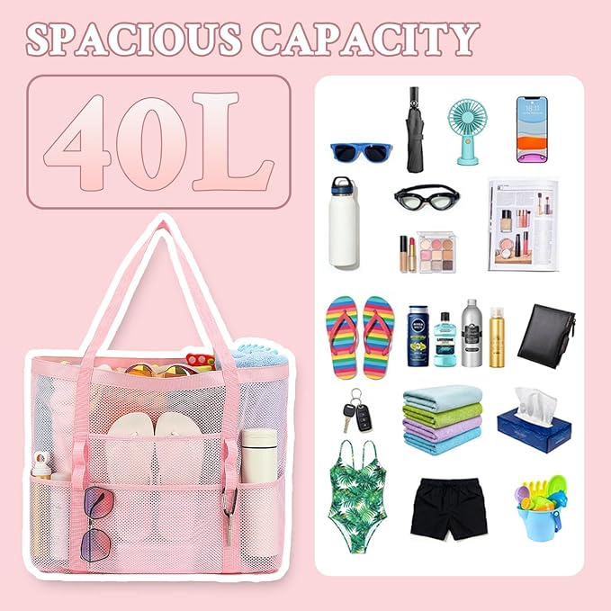 GYEUKHAM Mesh Beach Bag - Large Beach Tote Bag with Multiple Pockets for Family Beach Bag for Toys & Vacation Essentials