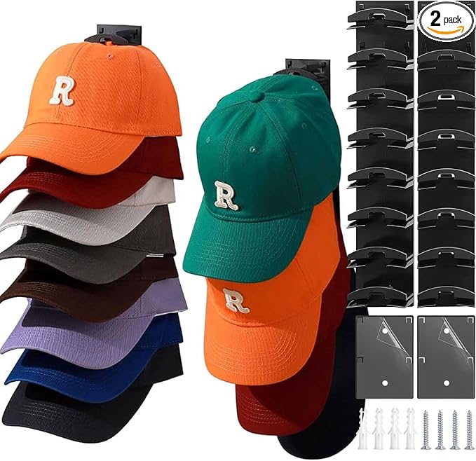 Baseball Cap Organizer Rack-2Pcs,Wall Hat Hooks with Strong Adhesive Holds up to 16Hats,Over-the-Door Closet Hat Hanger Display Stand,MultiLayer Cap Organizer Storage with 2Mounting Options(Black)