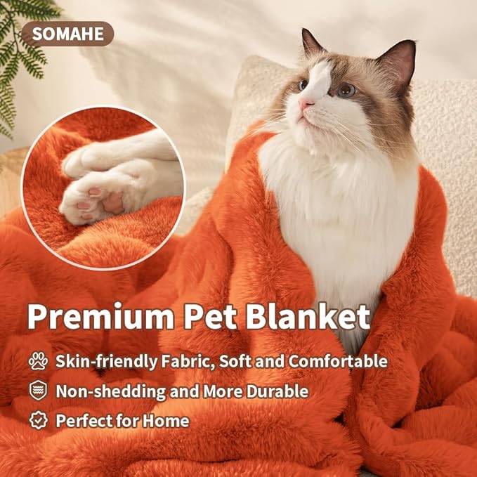 SOMAHE Self-Warming Cat Blanket for Indoor Cats & Small Dogs, Dual-Side Sherpa Plush Throw, Anti-Static Shared Couch Mat for Crate & Travel, Machine Washable No Shrink, 28x22 Inch Orange