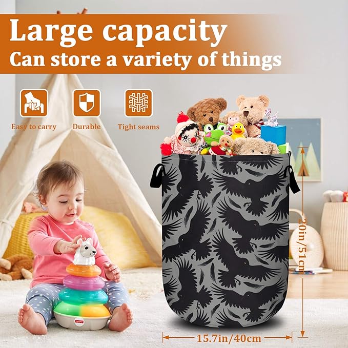 Crow Feather Laundry Basket with Sturdy Handles, Black Bird Collapsible Oxford Cloth Laundry Hamper Organizer Basket for Bathroom Bedroom 15.7x20 Inch