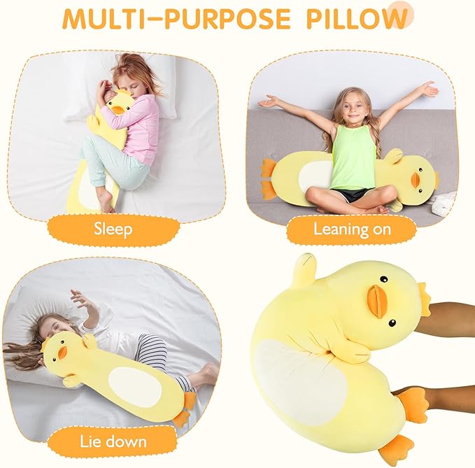 22” Long Duck Plush Body Pillow, Cute Duck Stuffed Animals, Soft Squishy Cuddly Pillow Plushies Toy Gifts for Kids Boys Girls, Birthdays, Halloween, Christmas