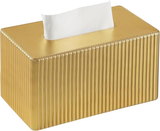 MEIBOOCH PU Leather Tissue Box Cover Square, Rectangle Tissue Box Holder with Magnetic Closure, Decorative Tissue Holder for Bathroom Bedroom Office (Gold, Rectangle for 180 to 230 Count Tissues)