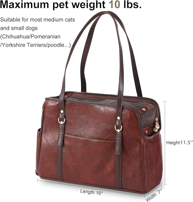 Lasaviin Dog Carrier Purse, Fashion Leather Pet Carrier with Pockets, Airline Approved Soft Sided Dog Carrying Bag for Puppy Cat Dog Coffee