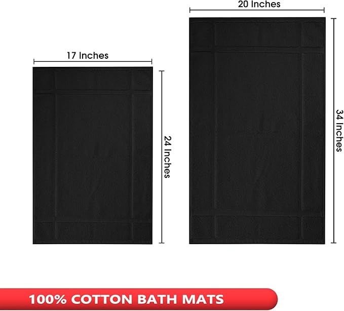 Ample Decor Bath Mats 100% Cotton 24 X 17 & 34 X 20 Inches, Oeko Tex Certified 1350 GSM Solid Construction Thick & Plush, Super Absorbent for Bathroom Floor, Shower – Black