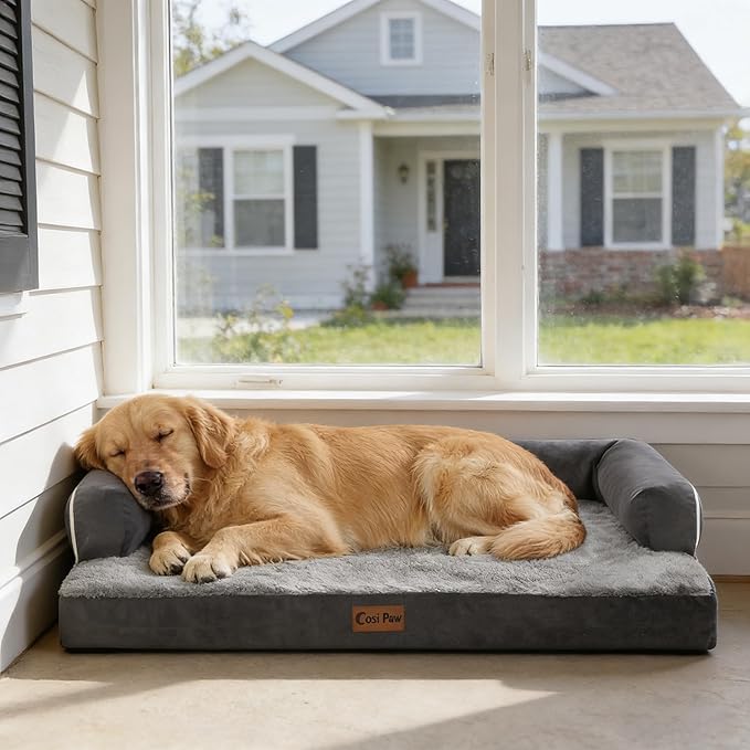Casa Paw Orthopedic Dog Beds for Large Sized Dogs, Waterproof Egg Crate Foam Large Dog Couch Beds with Comfy Bolster 36x27Inch, Washable Pet Beds with Removable Cover and Nonskid Bottom, Dark Grey