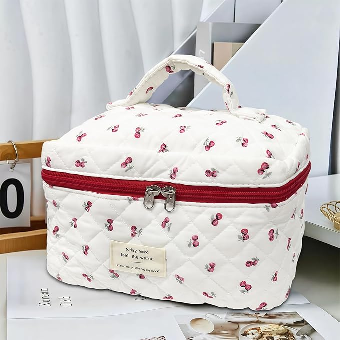 Cozomga Quilted Makeup Bag, Large Capacity Travel Cosmetic Bag for Women and Girls, Aesthetic Storage for Daily and Travel Use (Bigcherry Quilted)