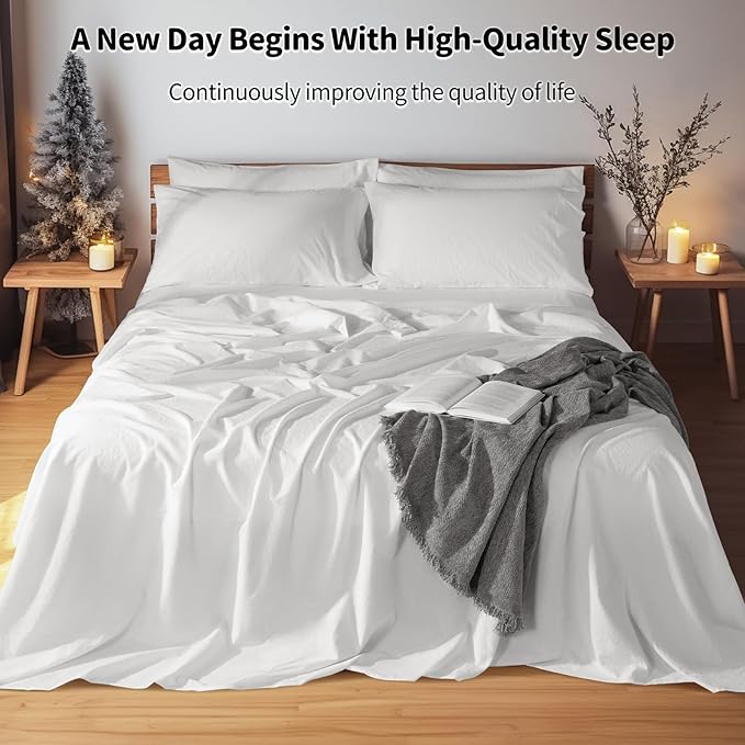 LBRO2M 100% Linen Sheet Set King Size, Bed Sheets 6 Piece Sets,Solid Color Natural Flax Bed Sheets Soft Breathable Bedding,16" Deep Pocket,All Season (King, White)