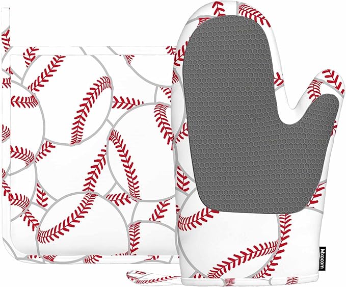 Mxocom Baseball Oven Mitts and Pot Holders Sets Tennis Ball Silicone Heat Resistant Kitchen Oven Gloves Pot Holder for Cooking