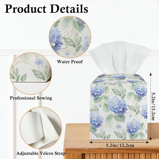 Blue Hydrangea Tissue Box Covers Square, Leather Tissue Box Holders Decorative for Car Nightstand Home Office Bathroom Organizer, Square Facial Paper Organizer Home Decor -011