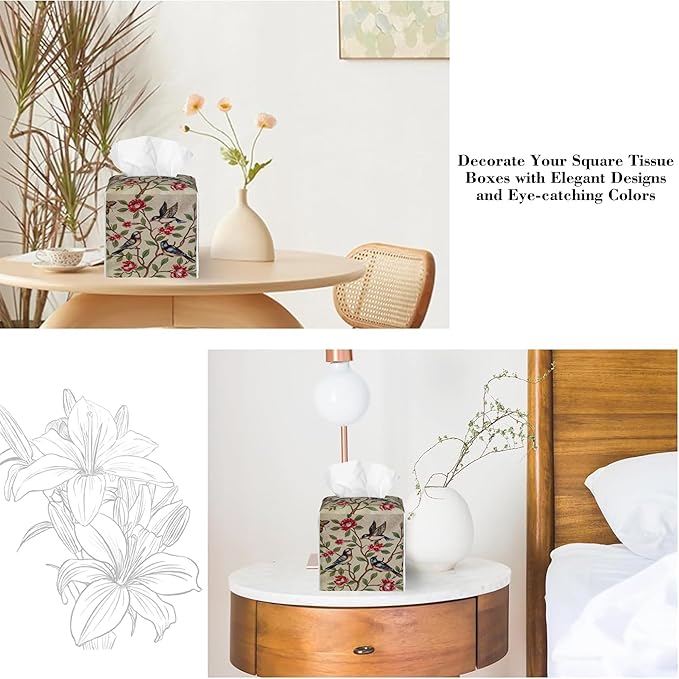 Pink Floral Butterfly and Bird Tissue Box Cover Square Leather Tissue Holder Waterproof Facial Paper Organizer Dispenser Cube Paper Cover Case for Home Office Bathroom Vanity Countertop