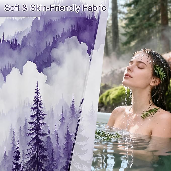 Litabel Purple Extra Long Misty Pine Forest Shower Curtain 72 x 84, XL Mountain Foggy Woodland Scenery Tree Shower Curtains for Bathroom, Abstract Waterproof Nature-Themed Decor