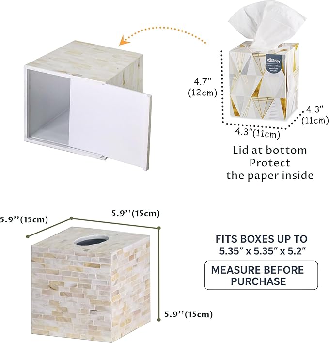 PEMAR 5.9″ Handmade Mother of Pearl Tissue Box Cover – Acacia Wood Cube, 5.35″ Interior Fits 5″ Square Boxes, Sliding Bottom, Lacquer Rustic Farmhouse Decor (Milano)