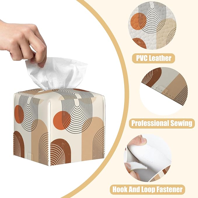 Boho Leather Tissue Box Holder Abstract Line Art Tissue Box Cover Facial Paper Case Organizer Cube Napkin Dispenser for Bathroom Vanity Countertop Night Stand Office Car