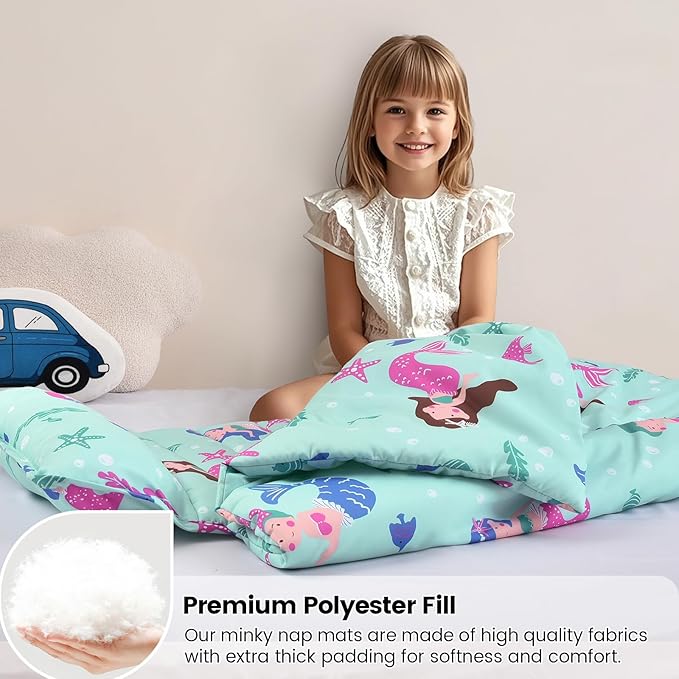 david's kids Toddler Nap Mat Set with Removable Pillow, Ultra Soft Slumber Bags for Boys Girls Neutral，Perfect for Preschool, Daycare, Kids Sleeping Bags with Rollup Design, 50"x20", Mermaid