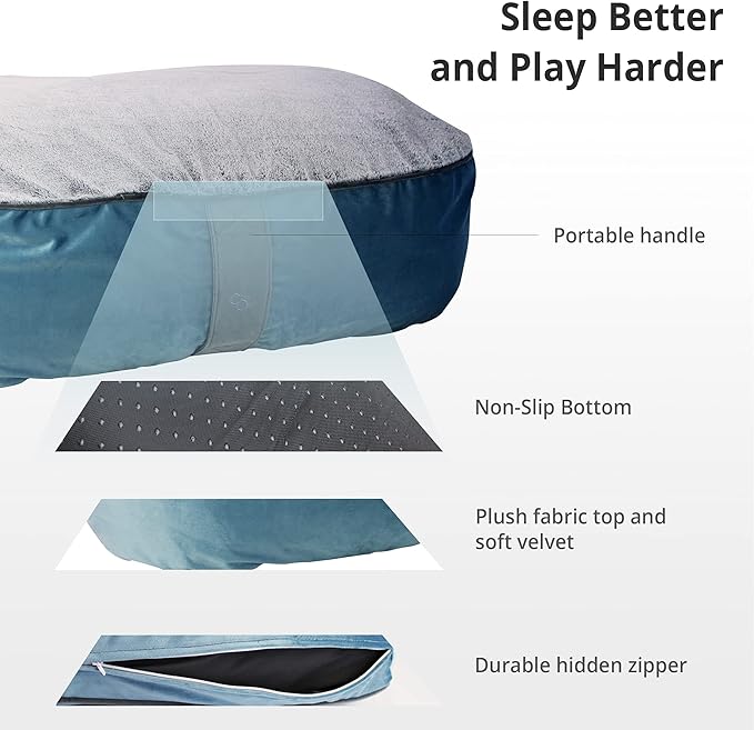 COZY ONE - MIA Collection-DEEP Comfort - Ultra-deep Orthopedic Pet Beds with Non-Slip Bottom, Removable and Washable Velvet Cover, Made in USA, Blue/XL, 42x36x12 Inch