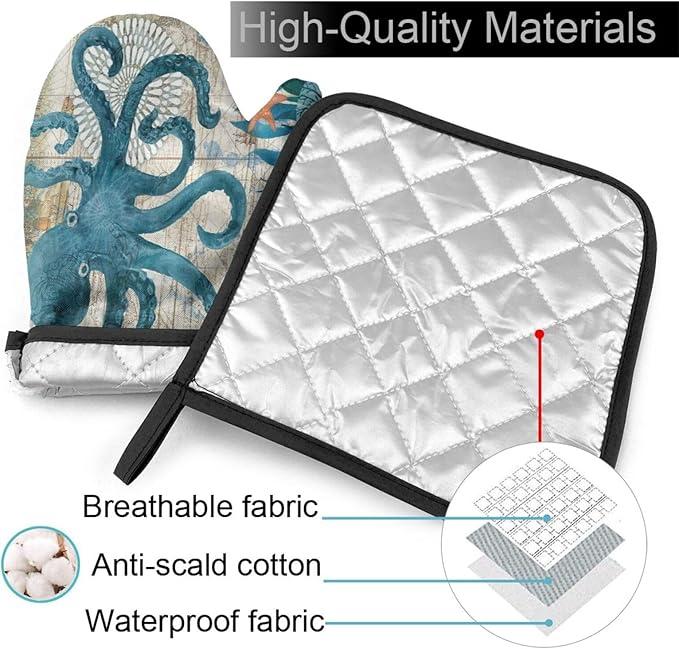 Sea Octopus Nautical Retro Ocean Oven Mitts and Pot Holders Insulated Gloves & Kitchen Counter Safe Mats for Cooking BBQ Baking Grilling (2-Piece Set)