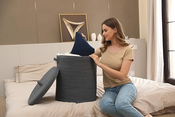 Cottonphant 16" x 16" x 18" Extra Large Storage Basket with Lid, Cotton Rope Storage Baskets, Laundry Hamper, Cloth Bin, for Clothes Towels Blankets Pillows Storage in Living Room, All Dark Grey
