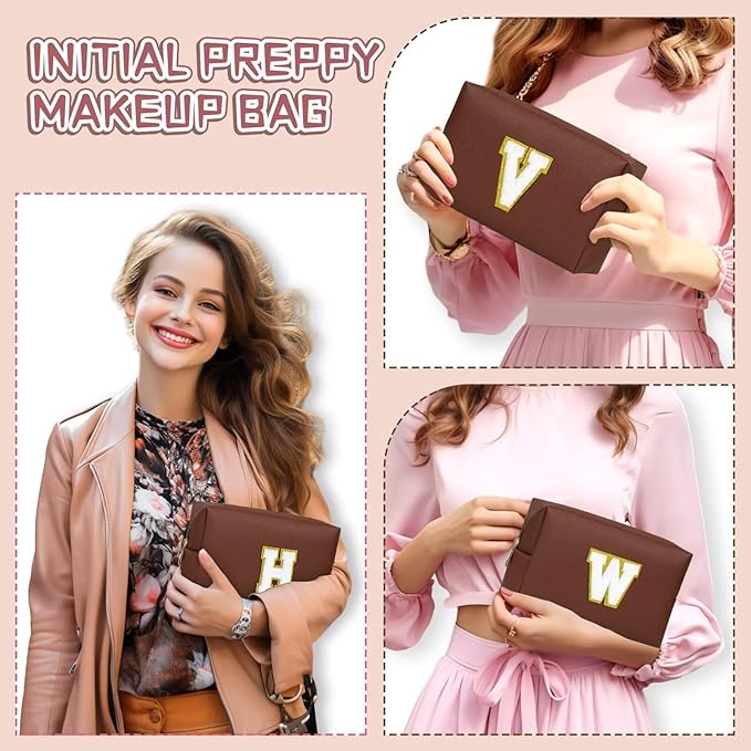 TOPEAST Preppy Bag, Monogrammed Makeup Bags with Zipper, Cute Makeup Pouch, Initial Birthday Gifts Bag for Daughter Friends Sister, Preppy Things for Girls (Brown H)