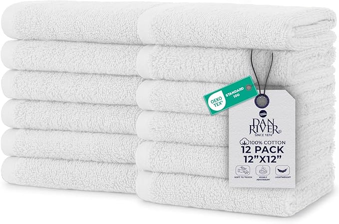 DAN RIVER 12 Pack Wash Cloths for Showering [12x12] - 100% Cotton Washcloths Premium Quality Flannel Face Cloths for Bathroom, Highly Absorbent and Soft Feel Wash Clothes, White