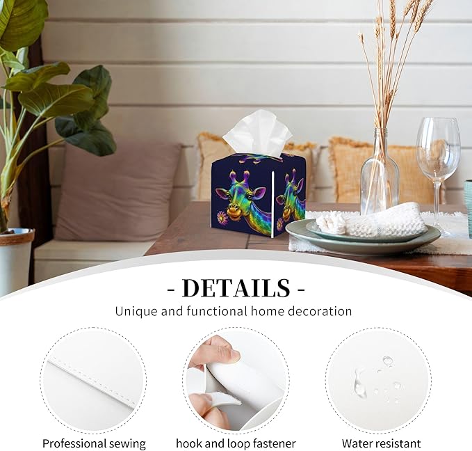 POIUBLE Leather Tissue Box Holder Colorful Giraffe Tissue Box Cover Square Waterproof Tissue Holder Organizer Modern Napkin Holder for Bedroom Dresser Night Stand Office Desk