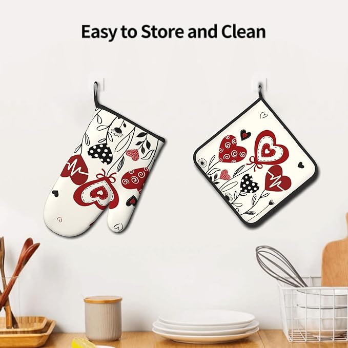 Black Red Love Hearts Oven Mitts and Pot Holders Sets 2Pcs Kitchen Accessories Multi-use Cooking Chef Oven Gloves Resistant Hot Pads for Women BBQ Cooking