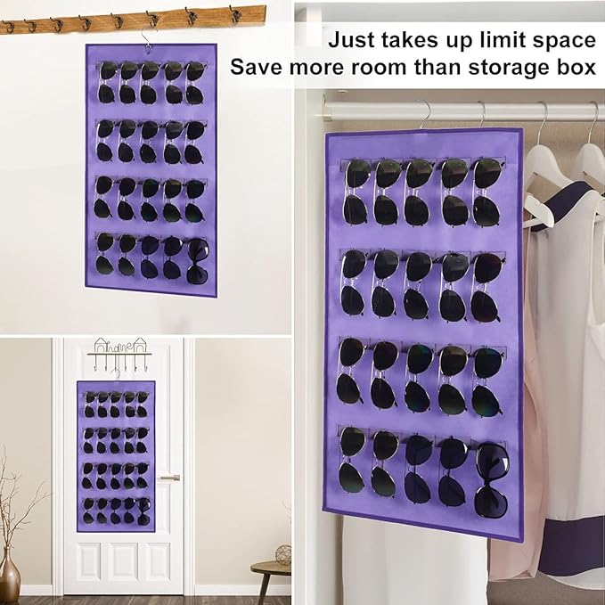 ANZORG Dual Sided Hanging Sunglasses Organizer Wall Mounted Glasses Rack Storage Eyeglasses Holder Eyewear Display Case with 40 Slots (40 Slots-Purple)