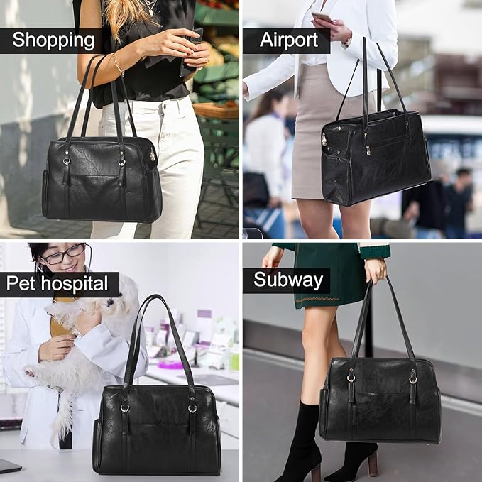 Lasaviin Dog Carrier Purse, Fashion Leather Pet Carrier with Pockets, Airline Approved Soft Sided Dog Carrying Bag for Puppy Cat Dog Black