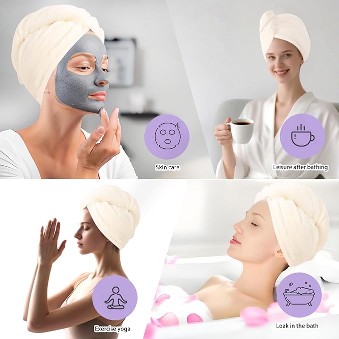 AGKXHDEC 1 Pack Double Layer Microfiber Towel, Hair Turbans for Wet Hair, Drying Hair Wrap for Women(Warm White)