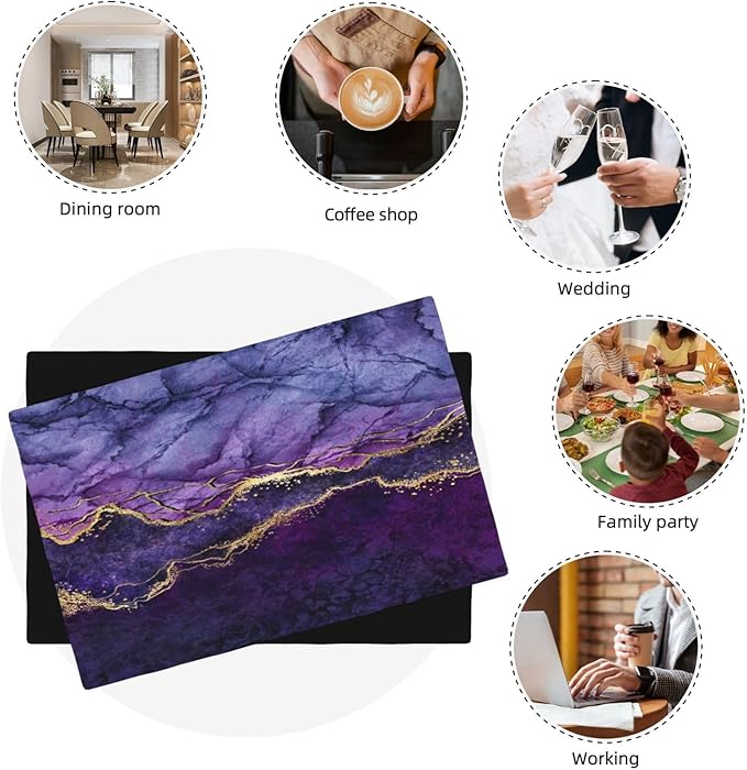 Purple Marble Placemats, Abstract Elegant Art Marble Floral Art Accents Print Washable Fabric Placemats Table Kitchen Dining Party 12x18 Inch Set of 6