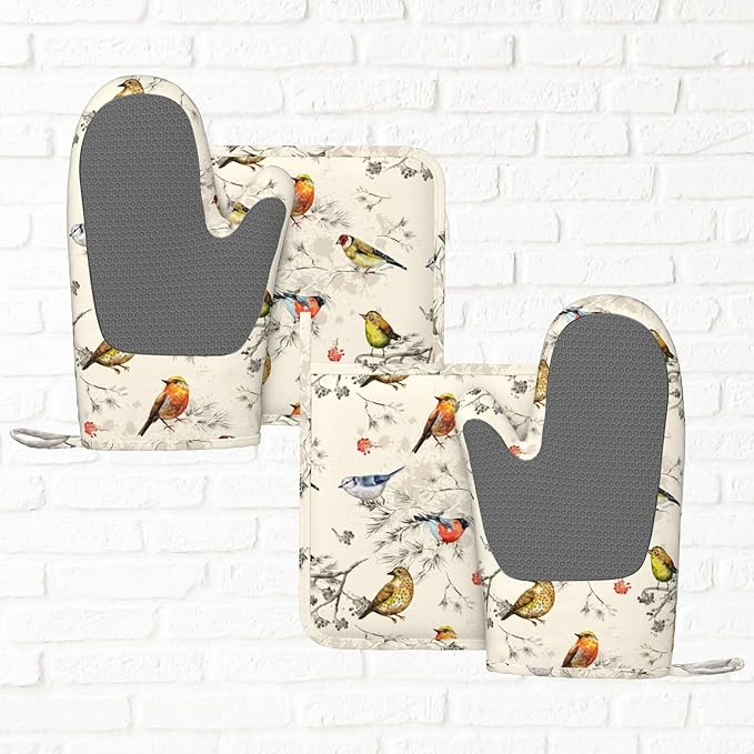 Beige Vintage Bird Oven Mitts And Pot Holders Set Of 4 Silicone Heat Resistant Oven Mitten Potholders Non Slip Gloves Kitchen Decor For Bbq Cooking Grilling Baking