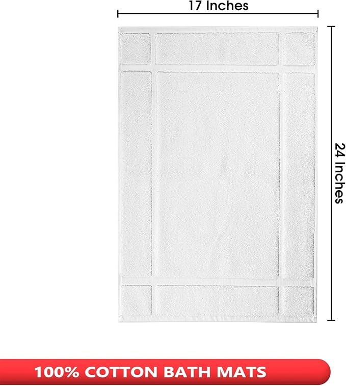 Ample Decor 100% Cotton Bath Mats 24 x 17 Inches, Quick Dry, 1350 GSM Banded Border Shower Bathroom Floor Mat, Not Bathroom Rug - White, Pack of 6