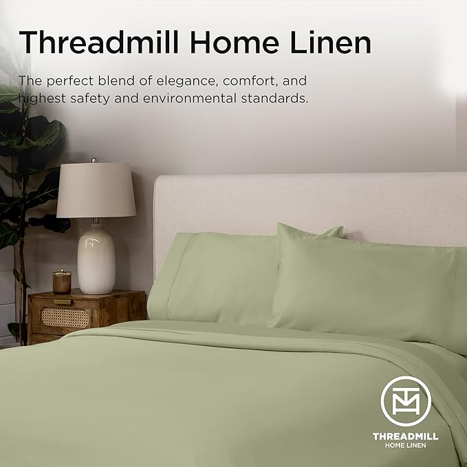 Threadmill Supima Cotton Sheets Queen | 656 Thread Count for Queen Mattress | 4 Piece Luxury Bed Sheets | Sateen Weave Hotel Quality with Elasticized Deep Pocket| Sage Green