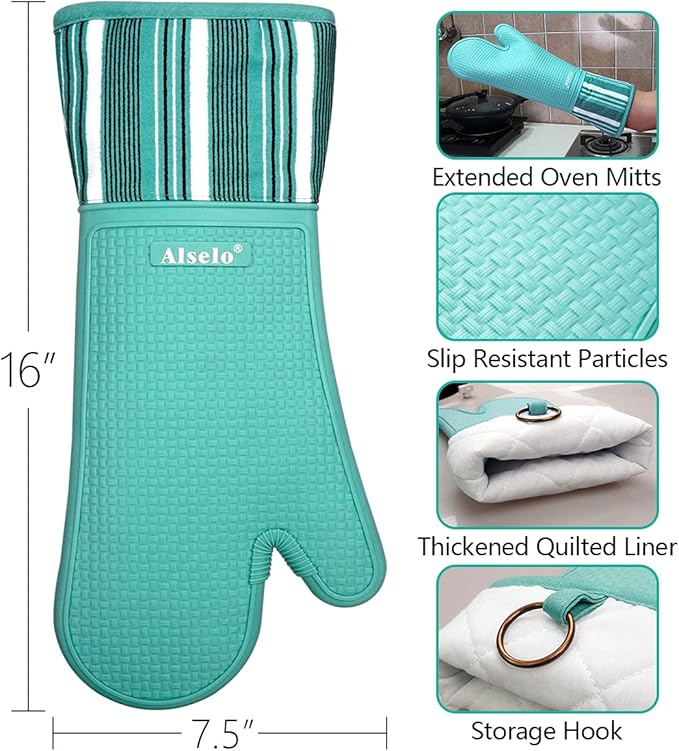 Silicone Oven Mitts Heat Resistant 550 Degree Extra Long Kitchen Gloves Pot Holders with Waterproof and Non-Silp for Baking Cooking Barbecue Microwave Machine Washable (Extra Long Blue, 2)