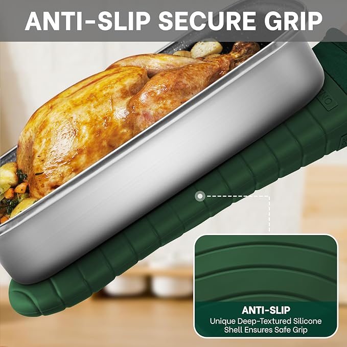 Beneno Heat Resistant Silicone Oven Mitts BPA-Free, Non-Slip Textured Grip & Quilted Cotton Lining, Waterproof Kitchen Mitt 2-Pack Set, 7"x13", Green