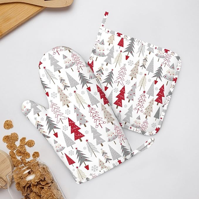 Oven Mitts Pot Holders Set Christmas Pine Tree White Winter Silicone Kitchen Gloves Potholders Heat Resistant for Chef Baking Cooking Grilling BBQ 4 Pack Mitt