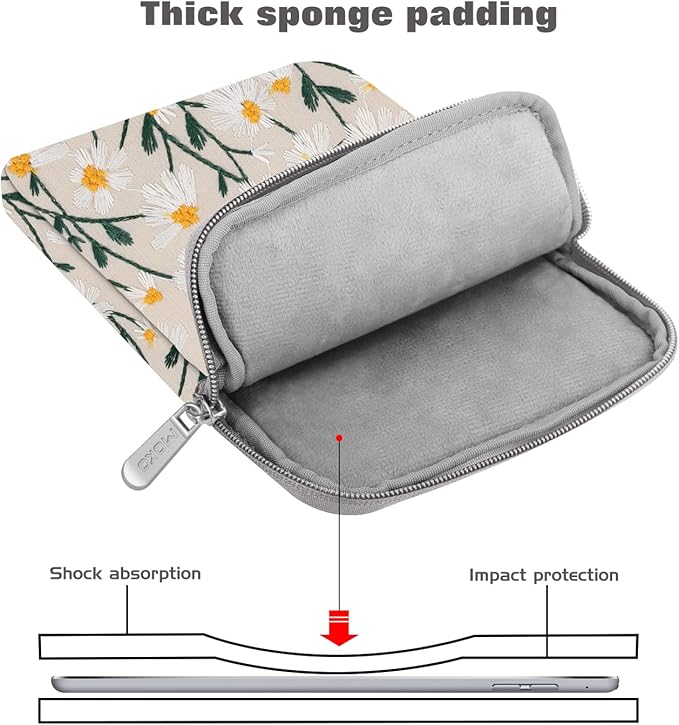 MoKo 9-11 Inch Embroidered Daisy Sleeve Pouch Fits New 11-inch iPad Pro M4/iPad Air M2 2024, iPad Air 5/4/3 10.9"/10.5", iPad Pro 11 M2, iPad 10th 10.9, iPad 9/8th Gen 10.2, Tab S8/S9 11", White Daisy