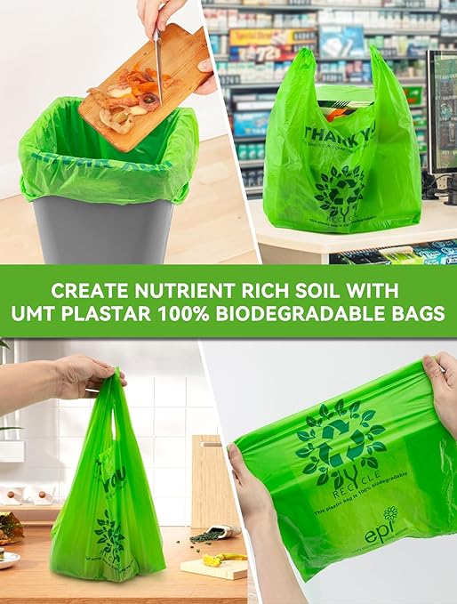 [100 per box] | Recyclable Compostable Reusable Biodegradable Plastic T-Shirt Bags | Grocery Shopping Bags | Green Eco Plastic Bags (100 per Pack) | T-Shirt Carryout Bags 100 count Restaurant Quality, Durable, Reusable and Econ Friendly | Measures 11. ...