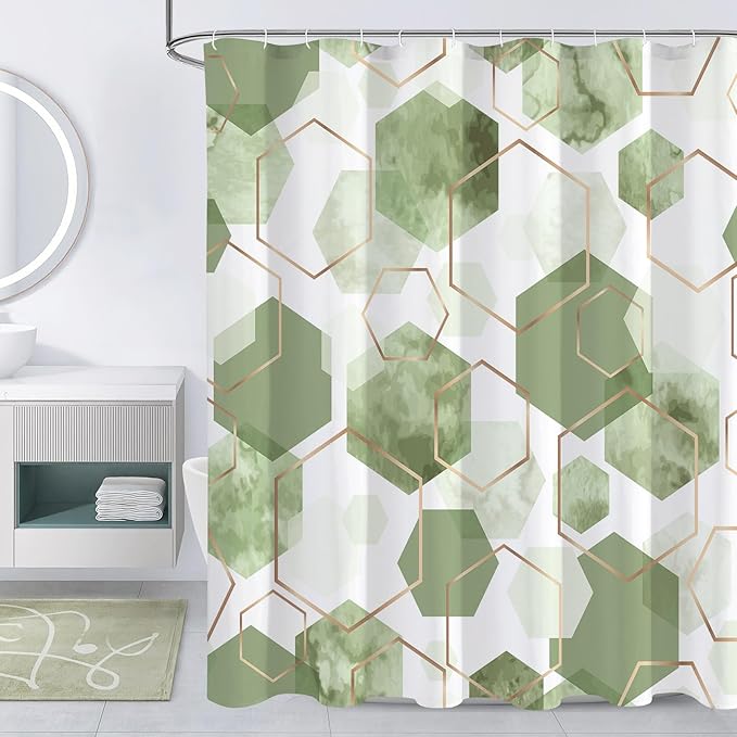 Litabel Modern Long Shower Curtain for Bathroom, Sage Green Geometric Art Decor Waterproof Bath Curtain, Abstract Fabric Shower Curtain Sets for Home Decor, 72x78 Inch
