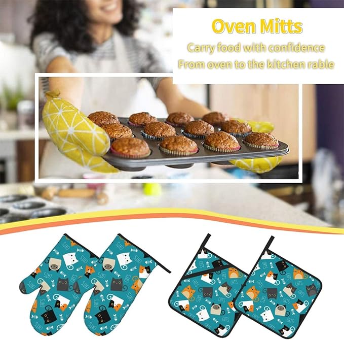 Funny Cute Cats Oven Mitts and Pot Holders 4 Pcs Set Oven Gloves and Potholders for Cooking Microwave BBQ Baking Grilling