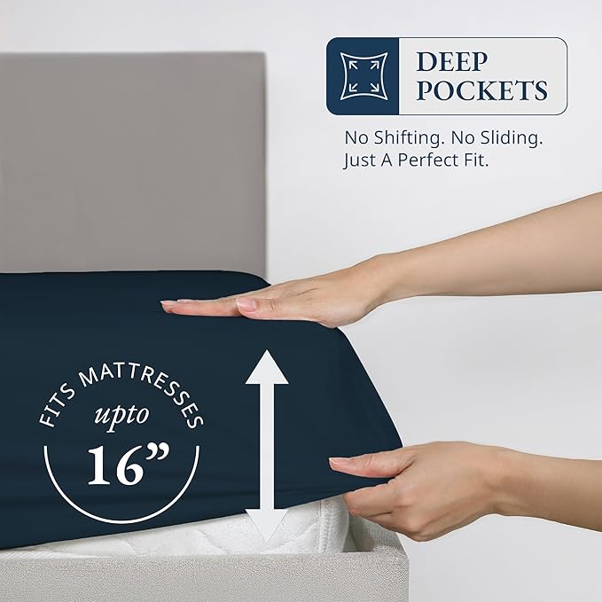 Lane Linen 100% Egyptian Cotton King Size Fitted Sheet Only (79"x81" + 16") - Elegant Sateen Weave, Ultra Soft, Breathable, Highly Durable, Deep Pockets Upto 17" - Dark Denim