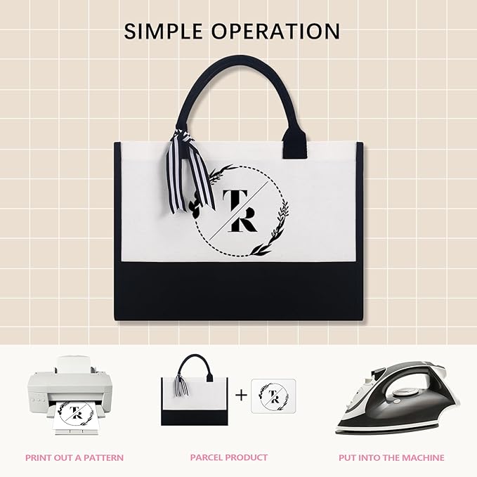 OKBA 10 PCS Personalized Classic Canvas Tote Bag(Black and White),Inside Zipper Pocket Grocery Tote DIY Gift,for Wedding,Birthday,Beach,Perfect Gifts for Women,Mom,Teachers,Friends