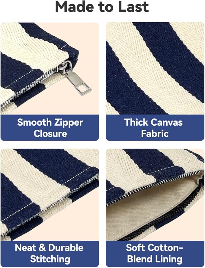 2 Pcs Makeup Bag Set, Women Gifts, Travel Cosmetic Bags, Canvas Make up Bag for Purse, Blue Striped Makeup Pouch with Zipper Lining, Cosmetic Storage Car Organizer, Portable Large & Small Toiletry