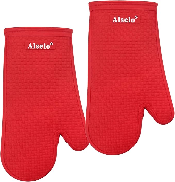 Oven Mitts Heat Resistant Silicone Kitchen Gloves for 550 Degrees with Waterproof and Non-Silp, Set of 2 Oven Gloves for Baking Cooking Barbecue Microwave Machine Washable (Red, 2)